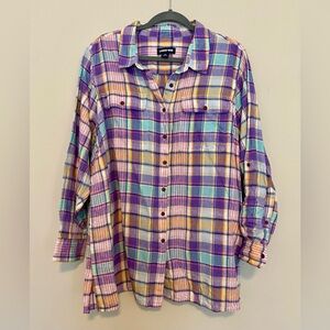 Lands End Women’s Linen Plaid Button Down Long Sleeve Shirt Size 2X Madras
